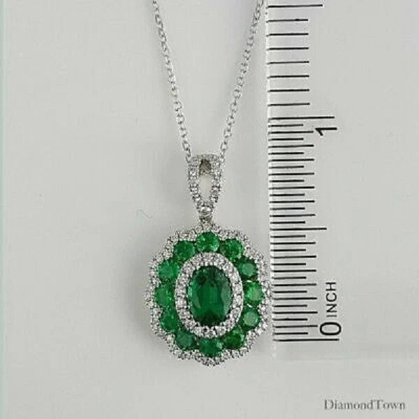 3Ct Oval Lab Created Emerald Halo Charm Pendant 14K White Gold Over Free Chain