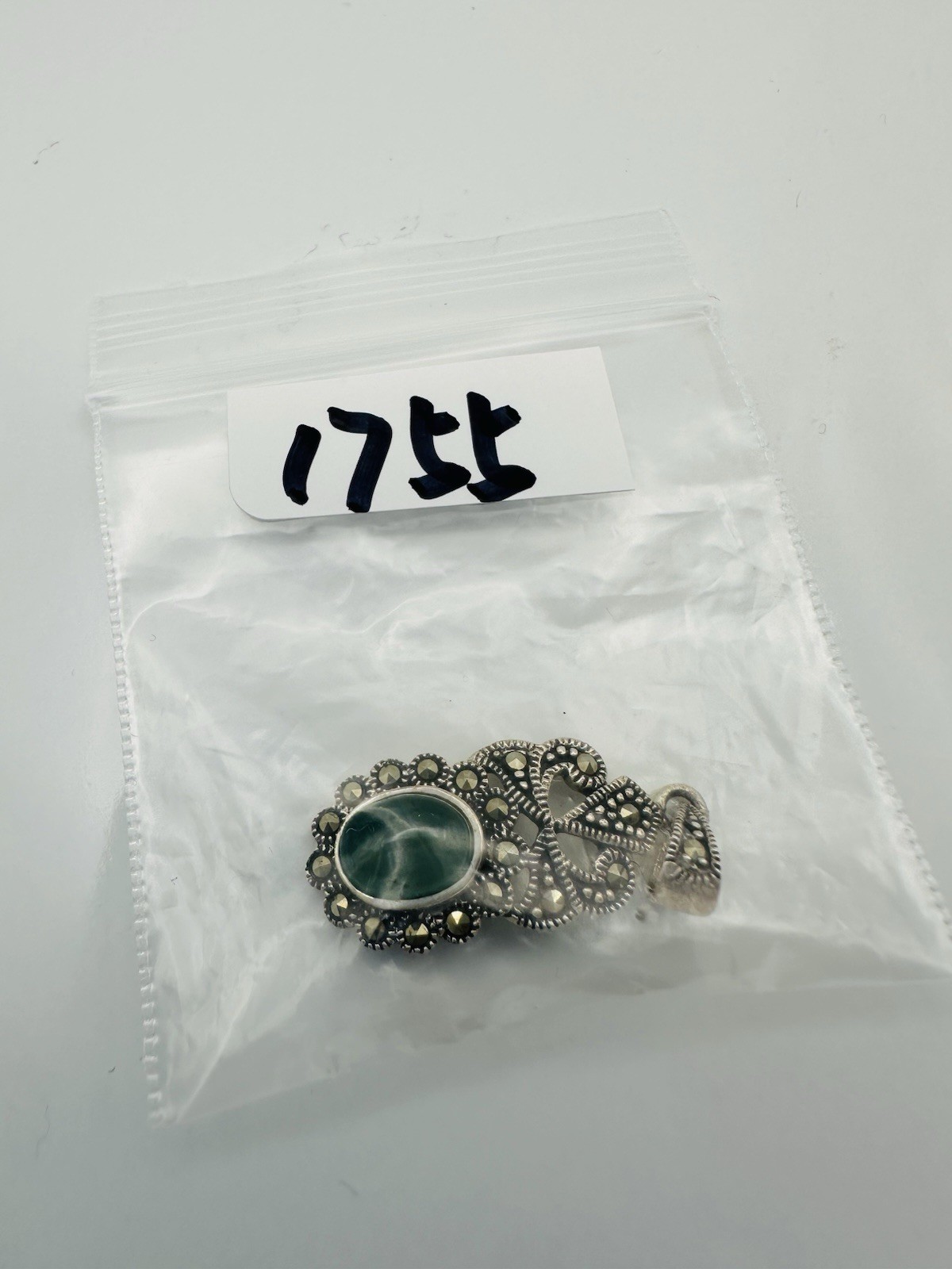 Vintage sterling silver marcasite green onyx Pendant