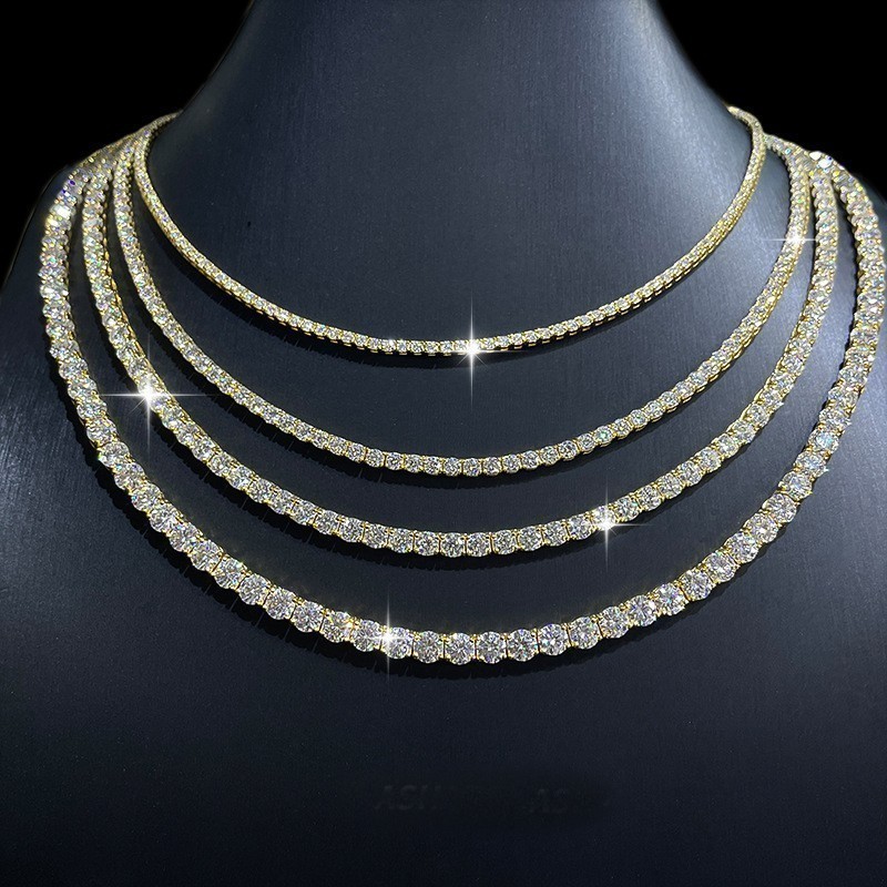 Used-2mm-22in VVS1 Moissanite Tennis Chain Necklace 14K Gold Plated S925 Silver