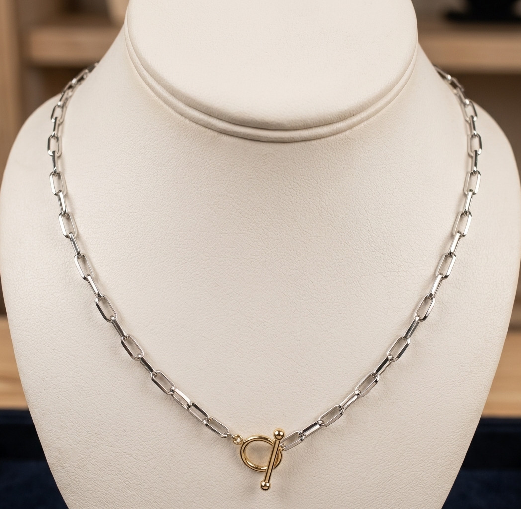 Paper Clip Oval Chain Toggle Necklace Silver 14K Two-tone Gold Plated Silver