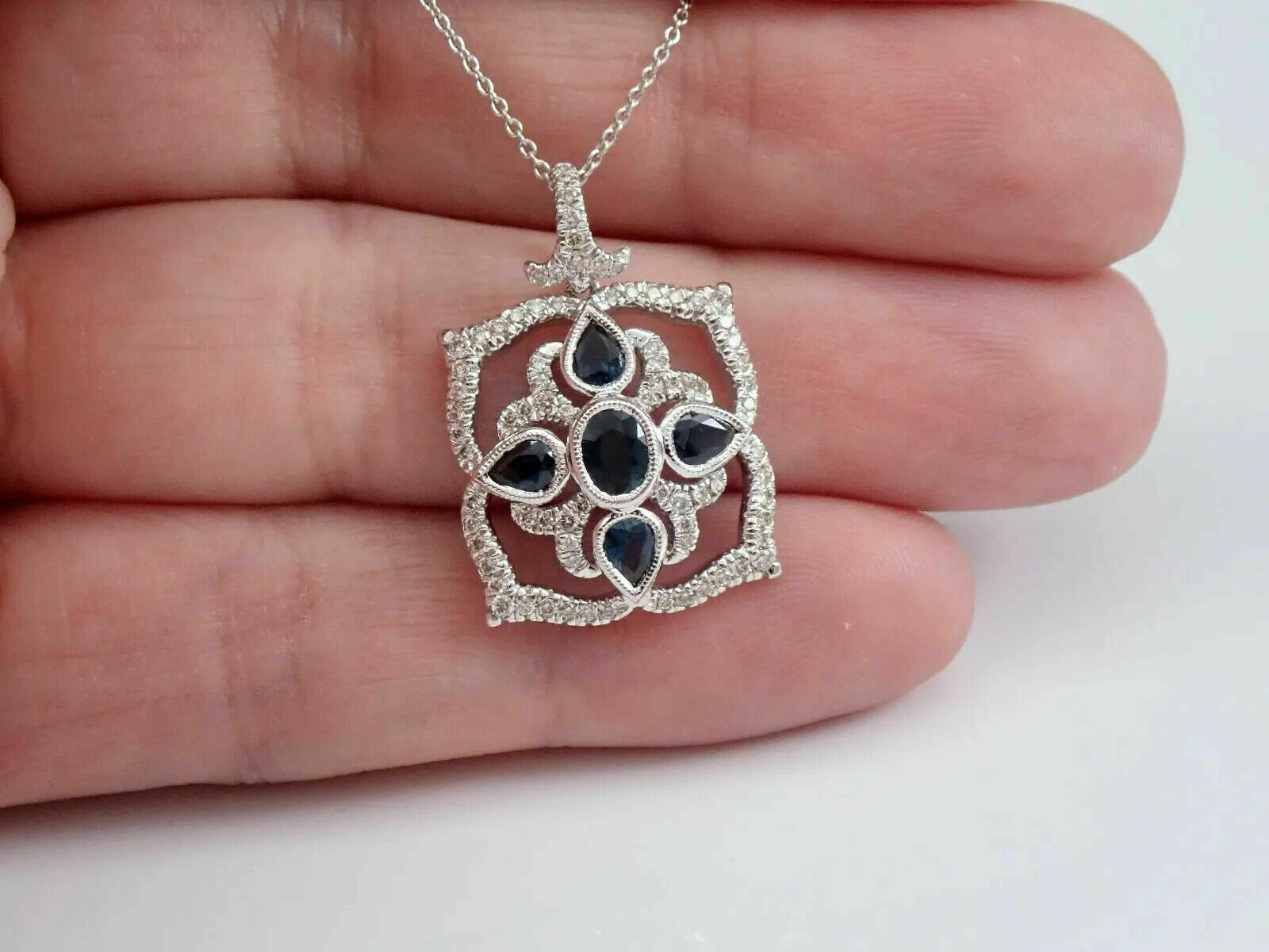 3Ct Oval Cut Blue Sapphire Pendant 14K White Gold Finish 18” Free Chain
