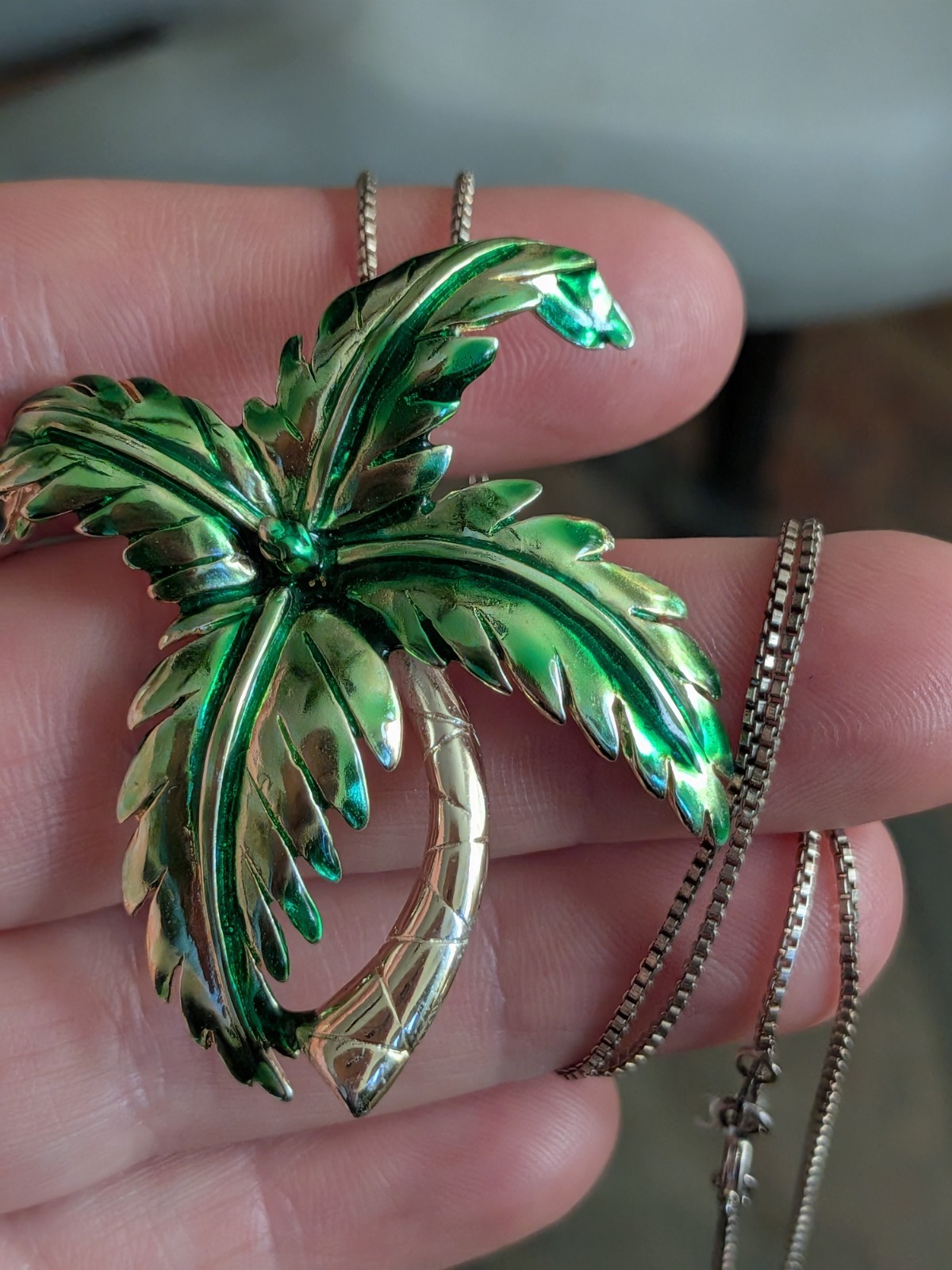Sterling Silver Enamel Tropical Palm Tree Pendant Necklace Resort Beach Jewelry
