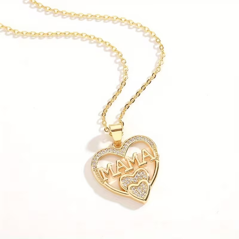 14K Yellow Gold Plated Lab Created Diamond Heart MAMA Pendant Necklace for Her