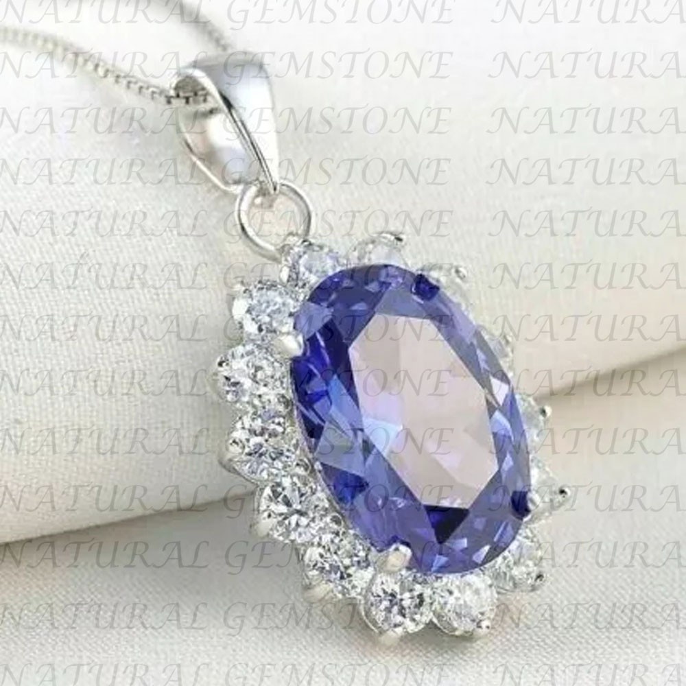 10.0Carat Oval Shape Natural Tanzanite and Diamond Pendant 18K White Gold Plated