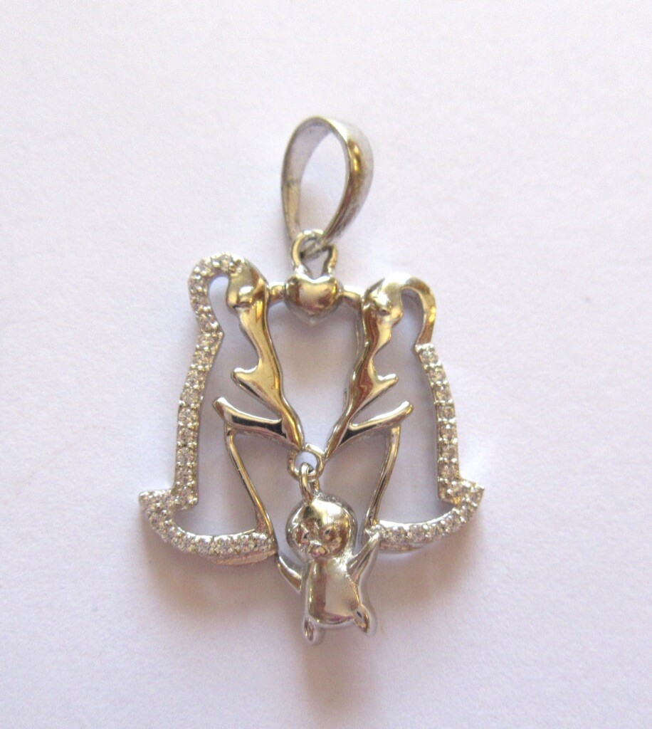 Sterling Silver Pendant-Penguin Family- two adults & baby- clear crystals