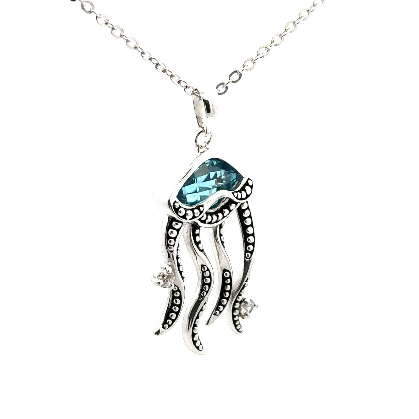 Sterling Silver And CZ Jellyfish Necklace (3/4 x 1 1/2 Inch) 18 + 1 In. Extender