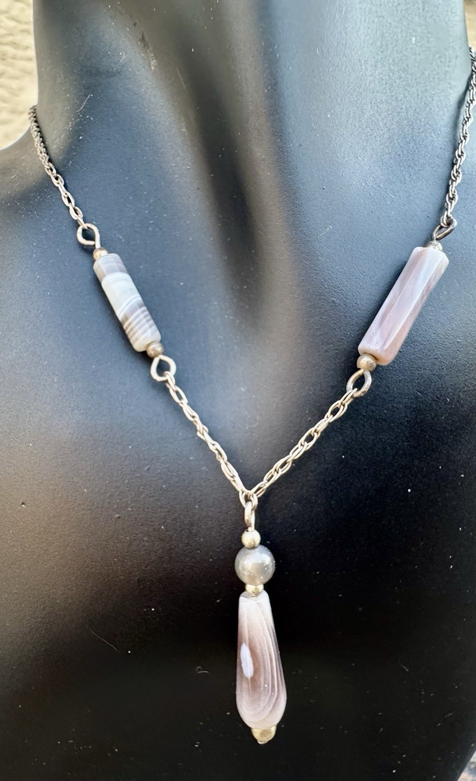 Sterling Silver 925 Muted Earth-tone Y Drop Agate Layered Stones / 18” Necklace