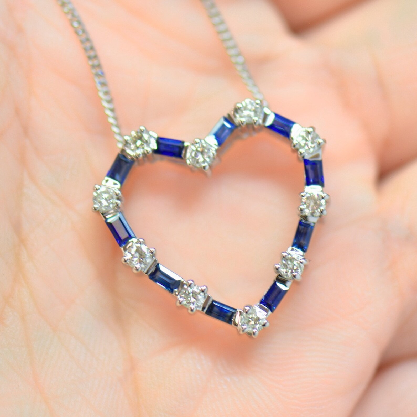 2Ct Lab Created Baguette Cut Sapphire Heart Shape Pendant 14K White Gold Plated