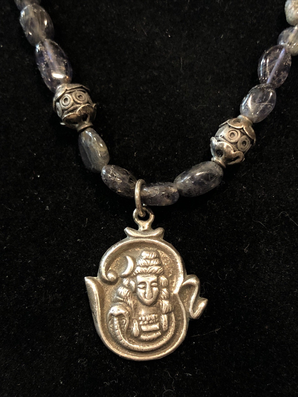Sterling Silver 925 Buddha Pendant Purple Stone Necklace Ornate Accents