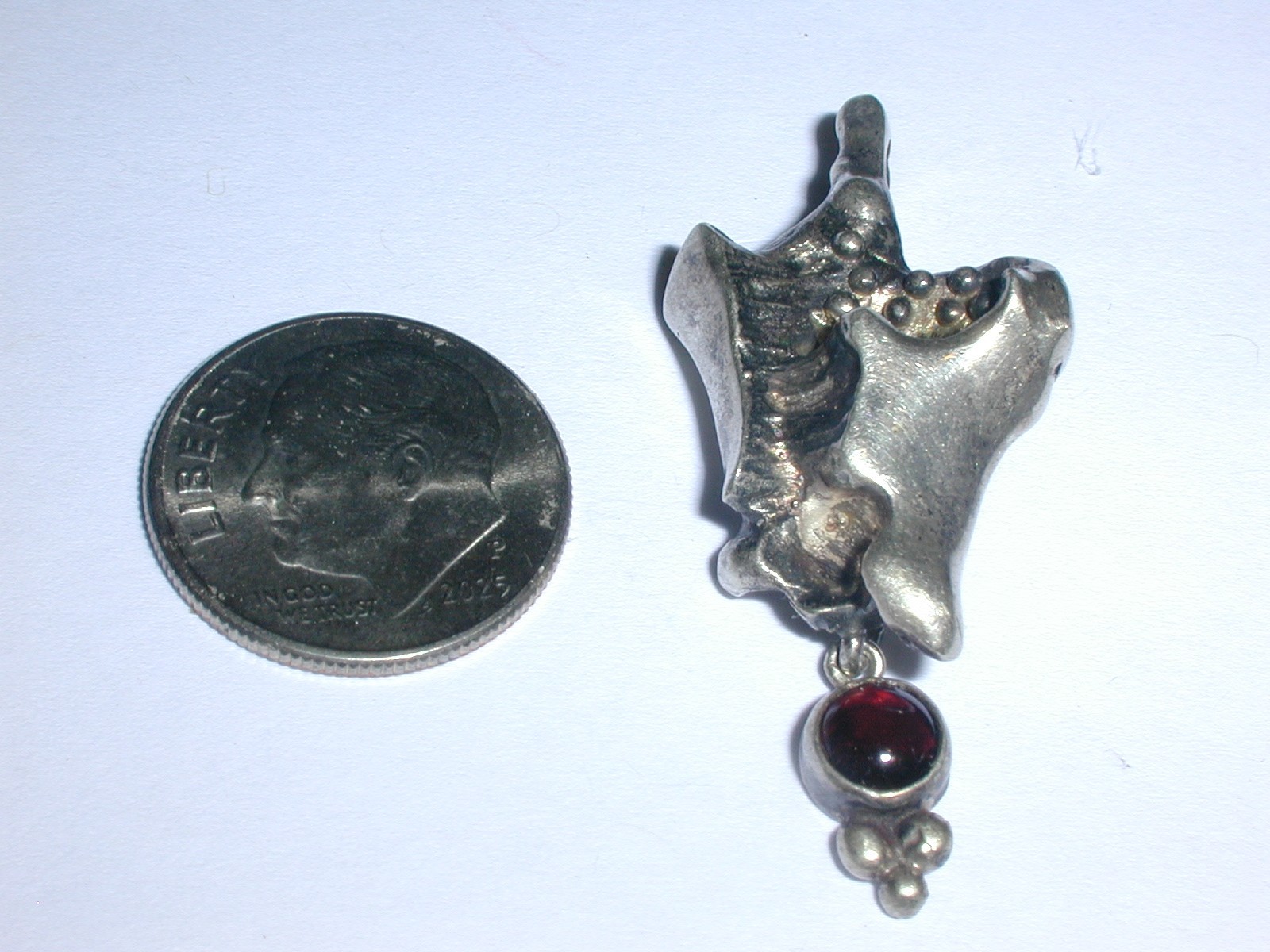 MODERNIST BRUTALIST STERLING SILVER HANDMADE PENDANT W/ GARNET DROP!