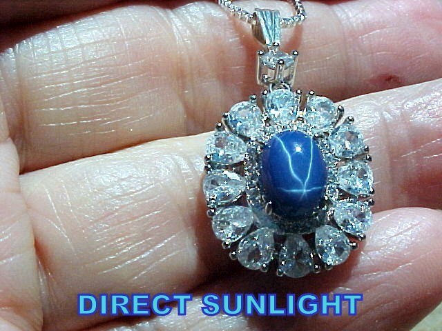 Genuine Blue Star Sapphire Pendant 8x6mm & White Topaz 925 SS White Gold Finish