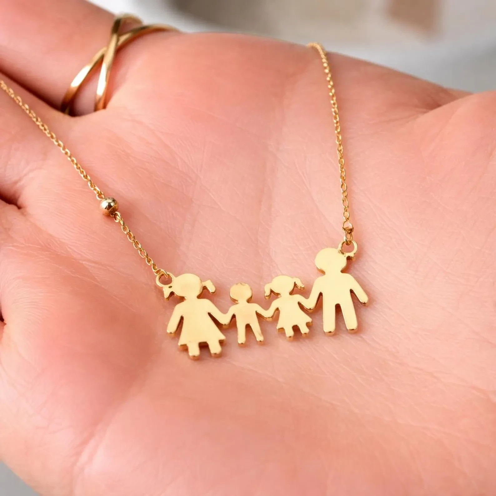 14K Yellow Gold Over Family Figures Charm Pendant with 18″ Chain Necklace Womens