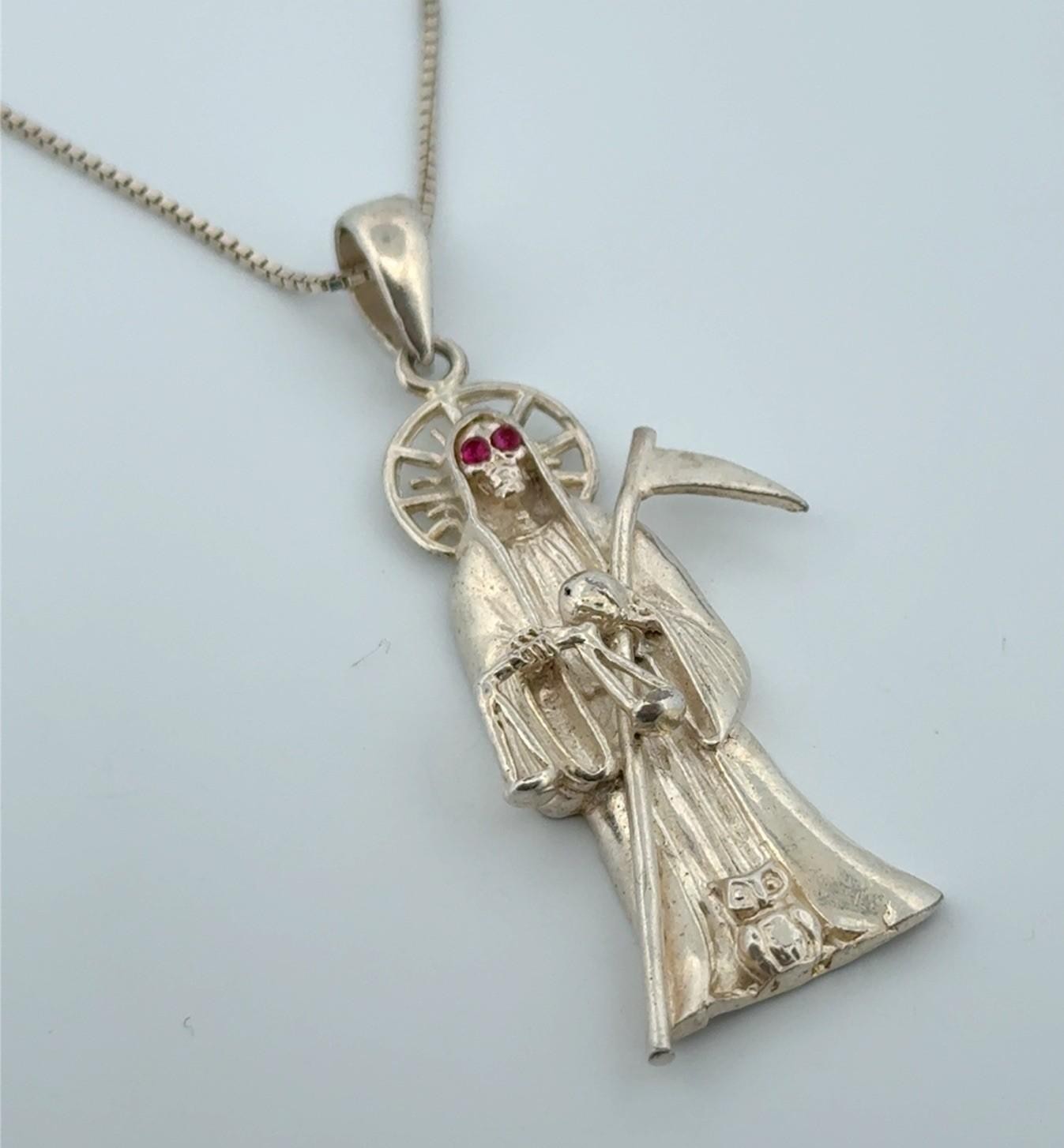 18” Santa Muerte Ruby Eyes Grim Reaper 925 Sterling Silver Necklace 14.1g