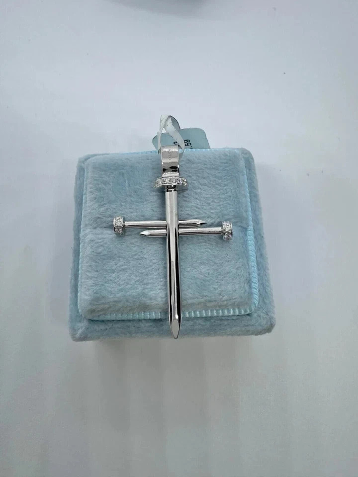 1.50Ct Real Moissanite Nail Cross Pendant 14K White Gold Plated 18″ Chain
