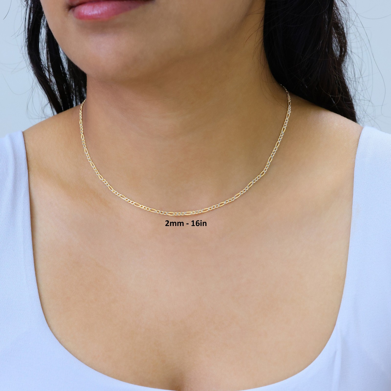 10K Yellow Gold 2mm Diamond Cut White Pave Figaro Chain Link Necklace 16″- 24″
