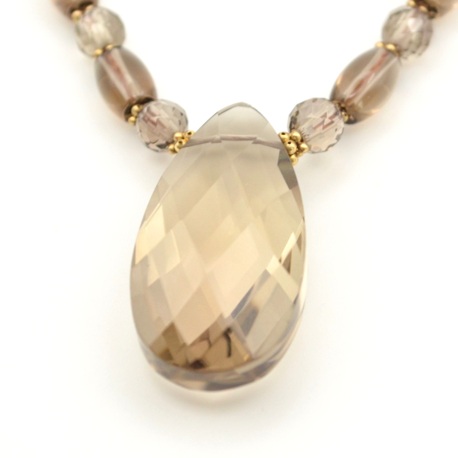 Smoky Quartz Beaded Necklace 14K Gold Clasp Faceted Teardrop Pendant 16in