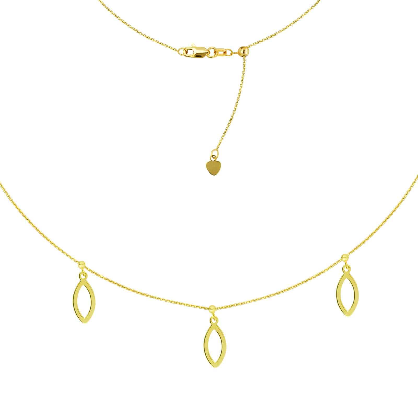 Triple Dangle Marquise Charm Choker 14k Yellow Gold Necklace, 16″ Adjustable