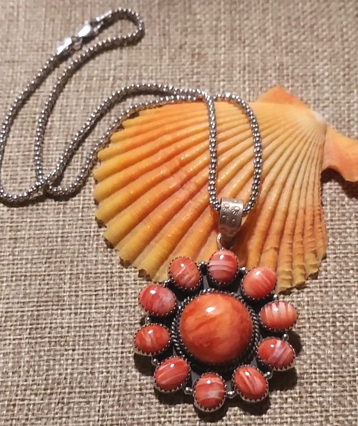 New HUGE Sterling Silver Natural Orange Spiny Cluster Pendant with Chain