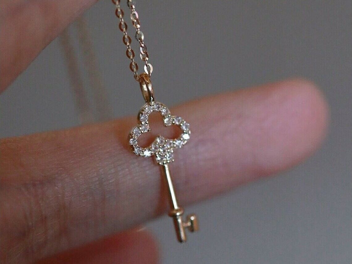 0.70Ct Round Cut VVS1/D Diamond Key Pendant 14K Rose Gold Over 18” Free Chain