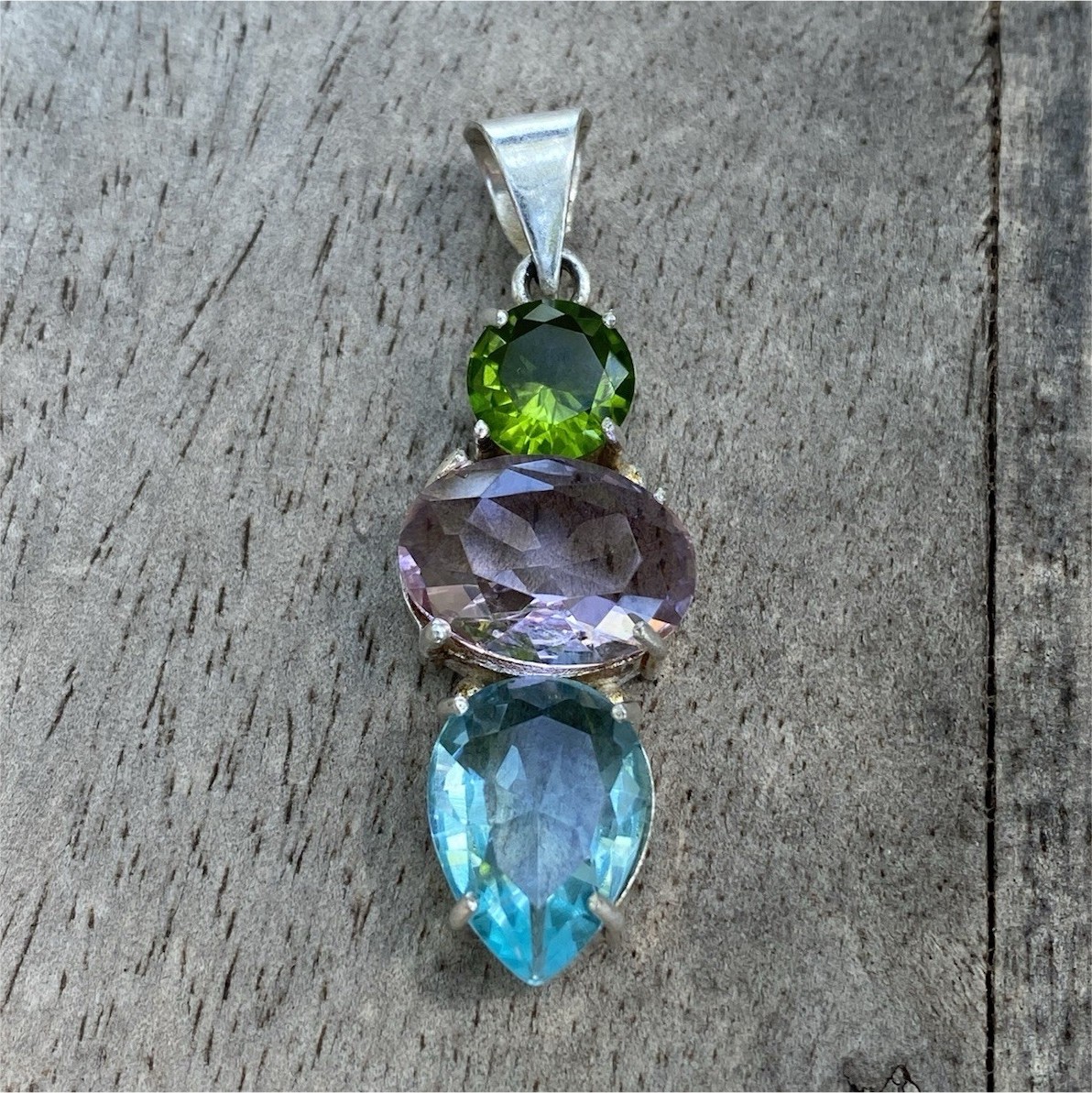 925 Sterling Silver Amethyst Peridot Blue Topaz 3-Stone Oval Bezel Pendant