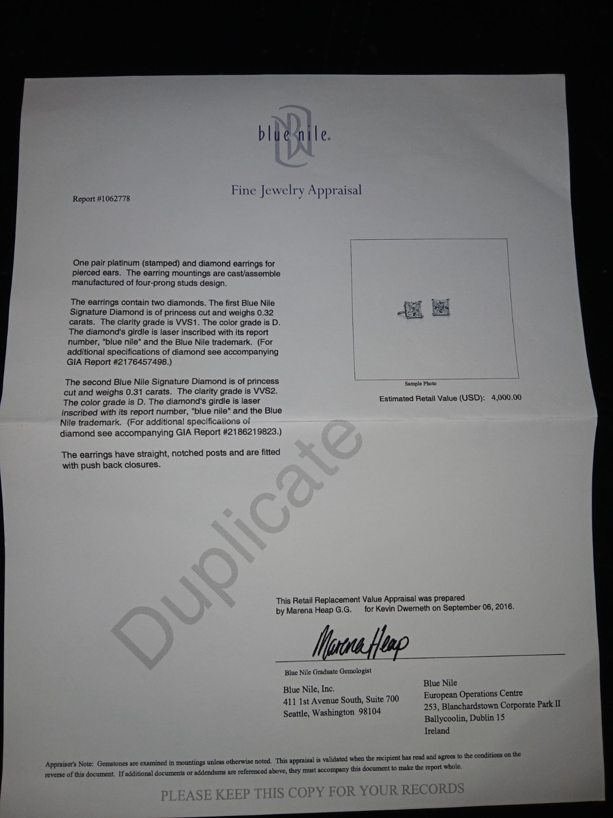 certified natural colorless princess cut diamond vvs1 d in platinum setting
