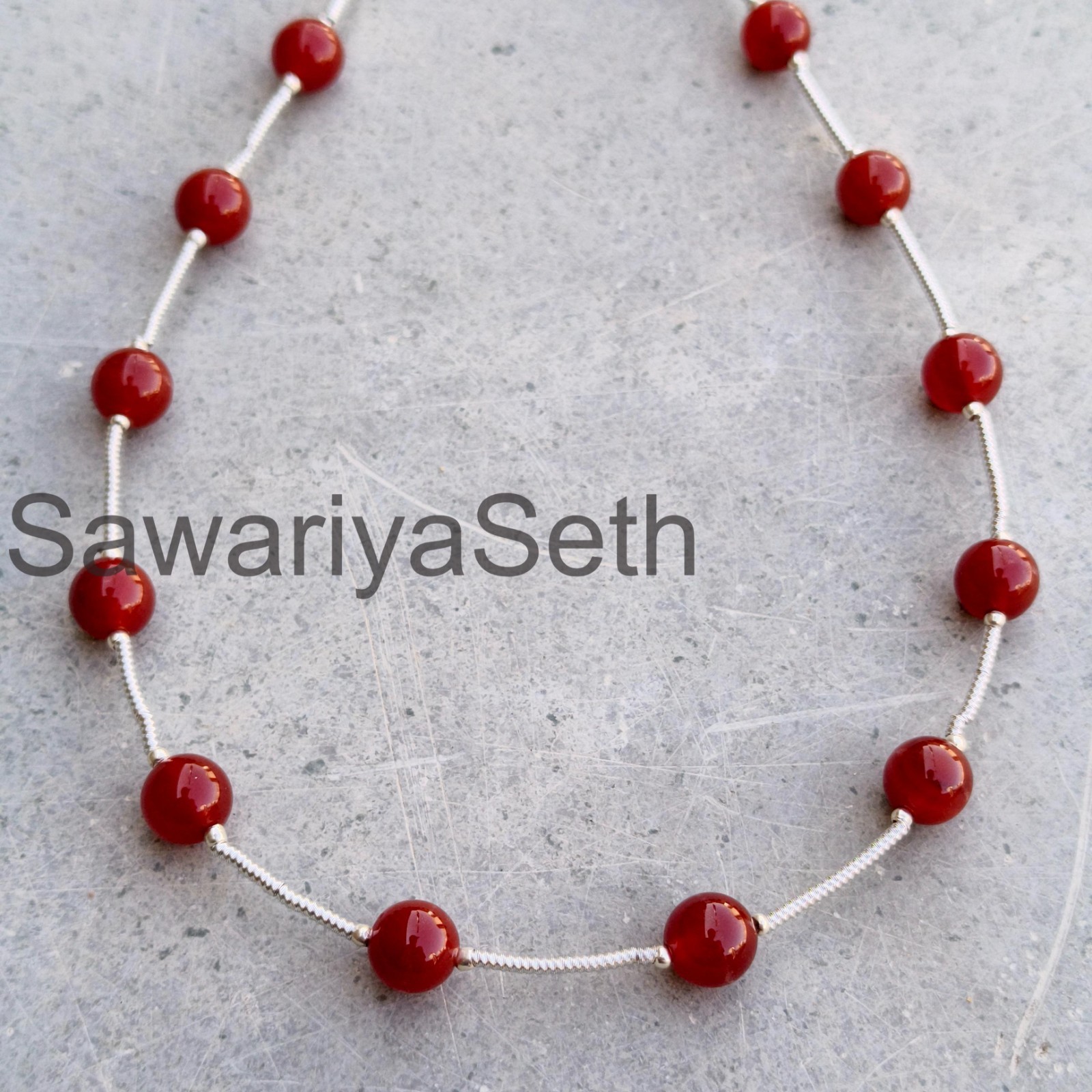8mm Carnelian Gemstone Necklace, Sterling Silver Clasp, Boho Statement Jewelry