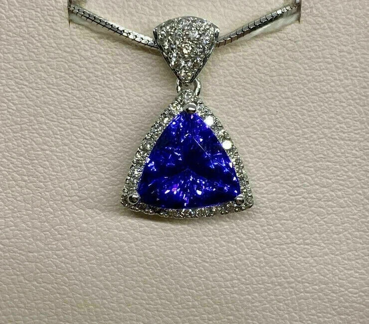 3Ct Trillion Cut Lab Created Blue Tanzanite Halo Pendant 14k White Gold Plated