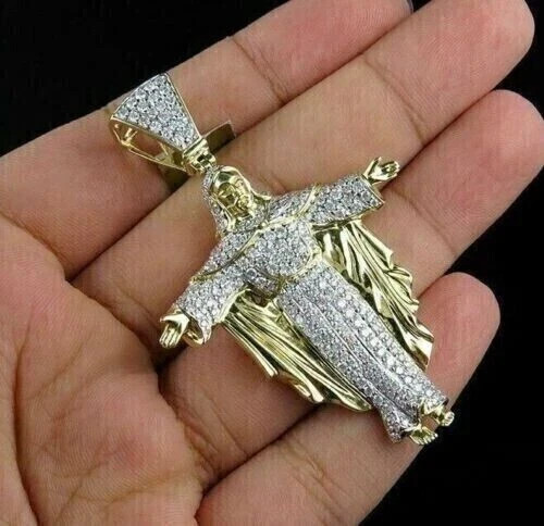 Real Moissanite Men’s 2Ct Round Cut Jesus Charm Pendant 14k Yellow Gold Plated