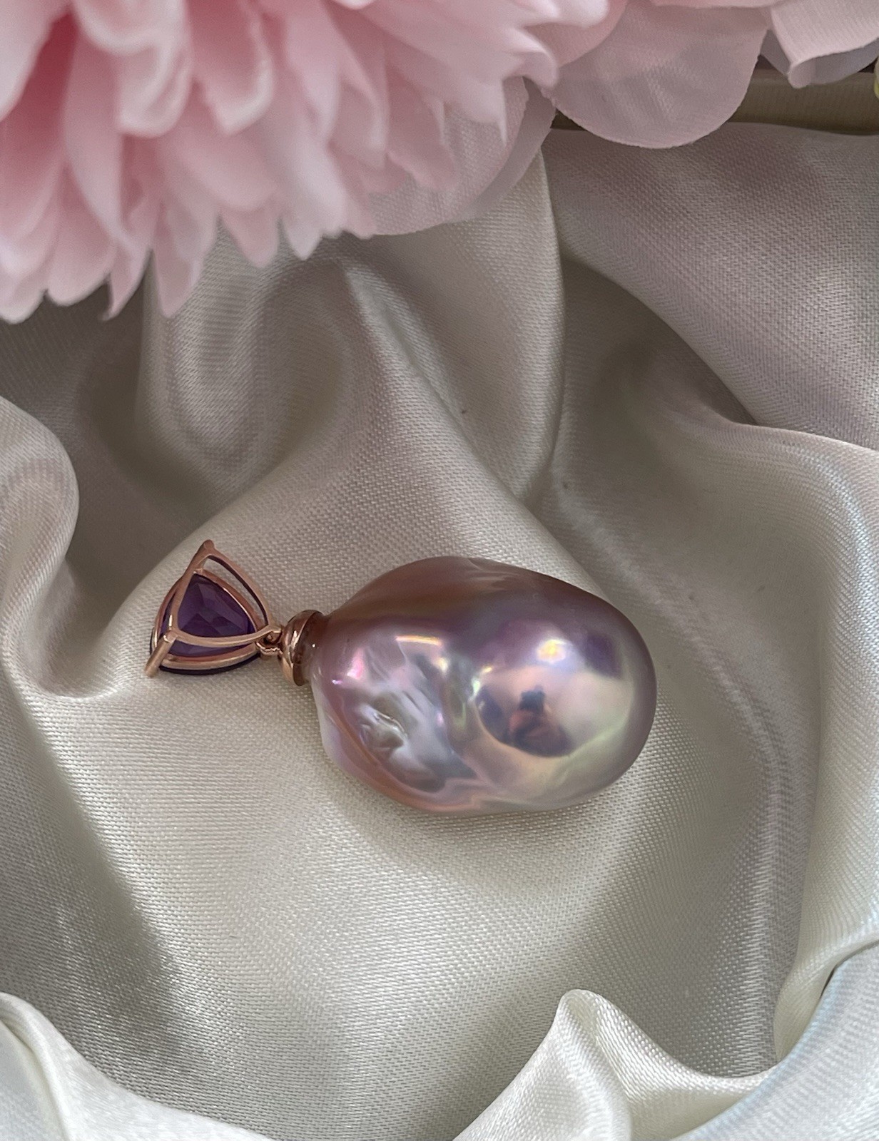 New 9ct Rose Gold Genuine Natural Colored Baroque Pearl Pendant With Amethyst