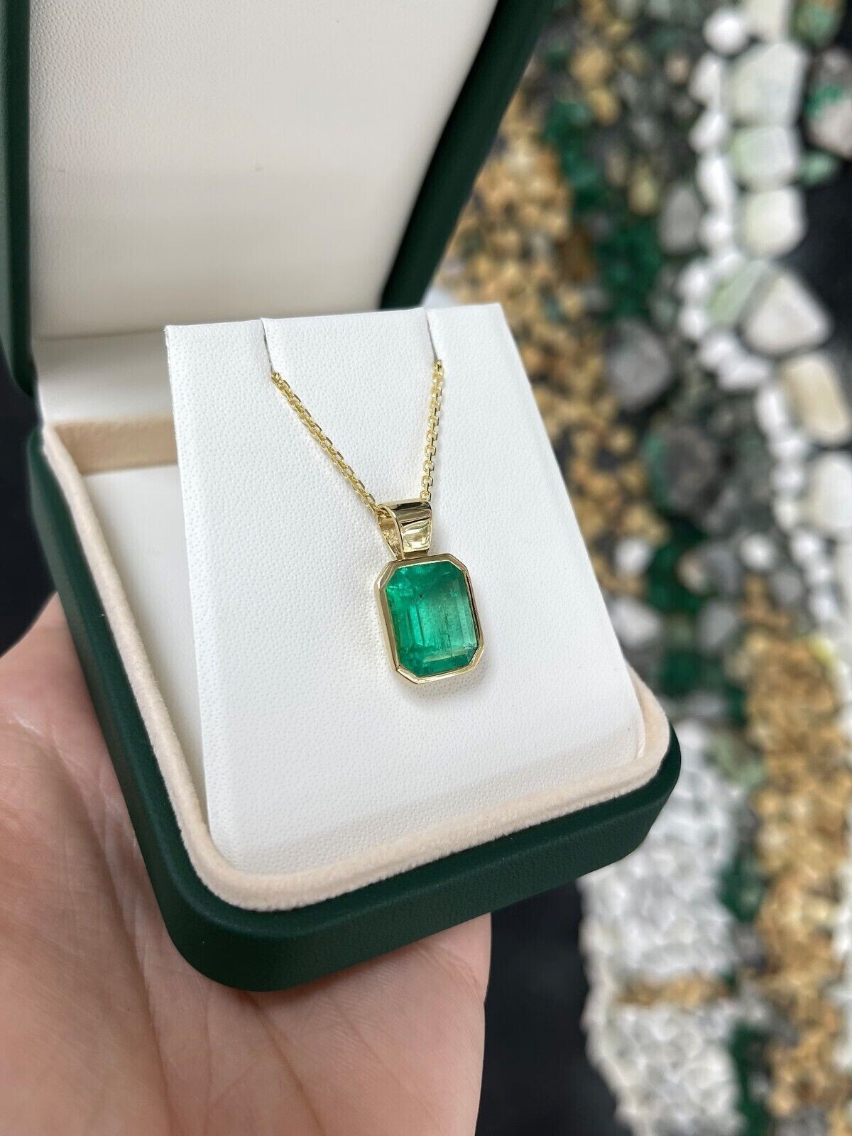3.00CT Bezel Set 14K Yellow Gold Certified Women’s Pendant Natural Green Emerald