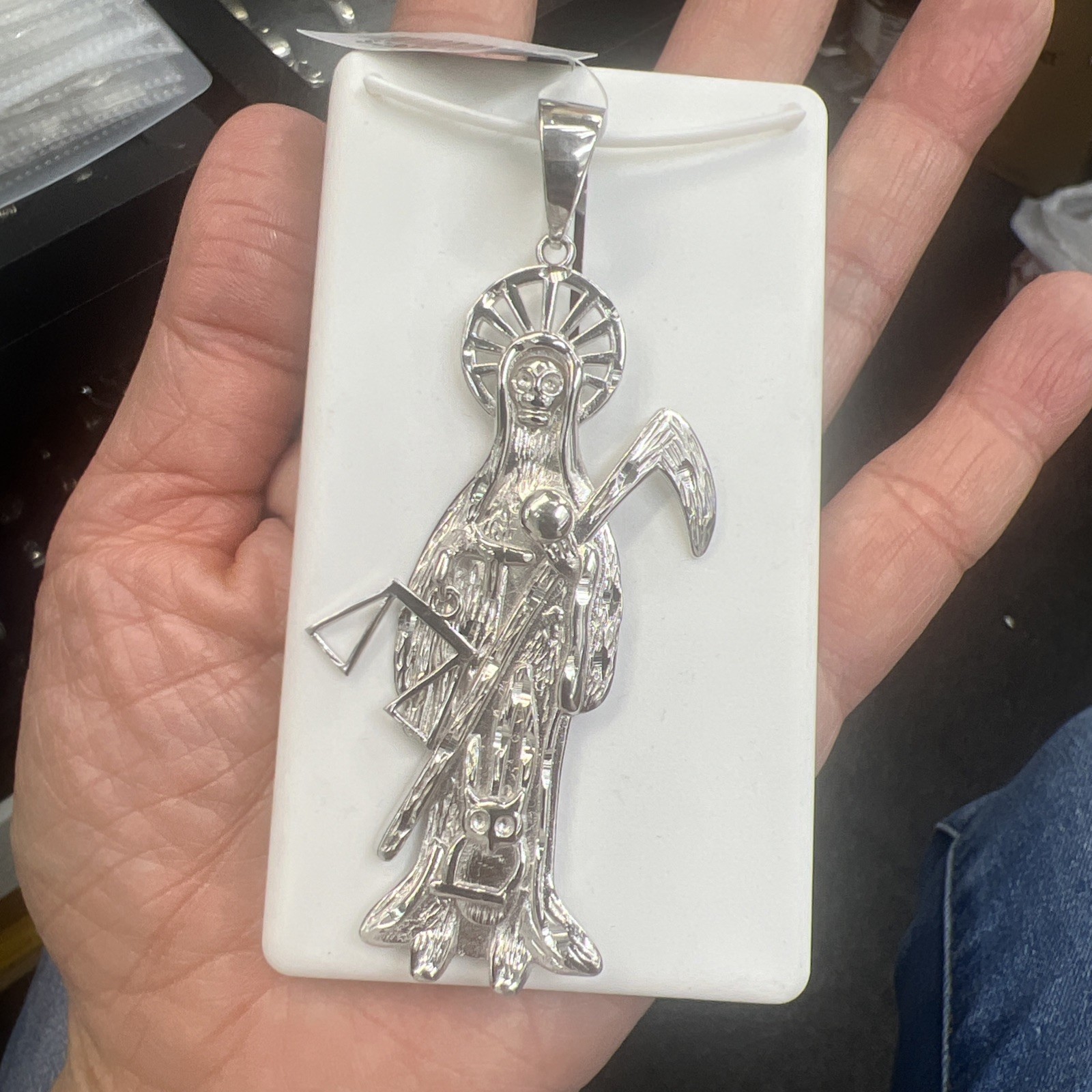 Sterling Silver Grim Reaper Pendant Dije de la Santa Muerte en PLATA XLarge 3”