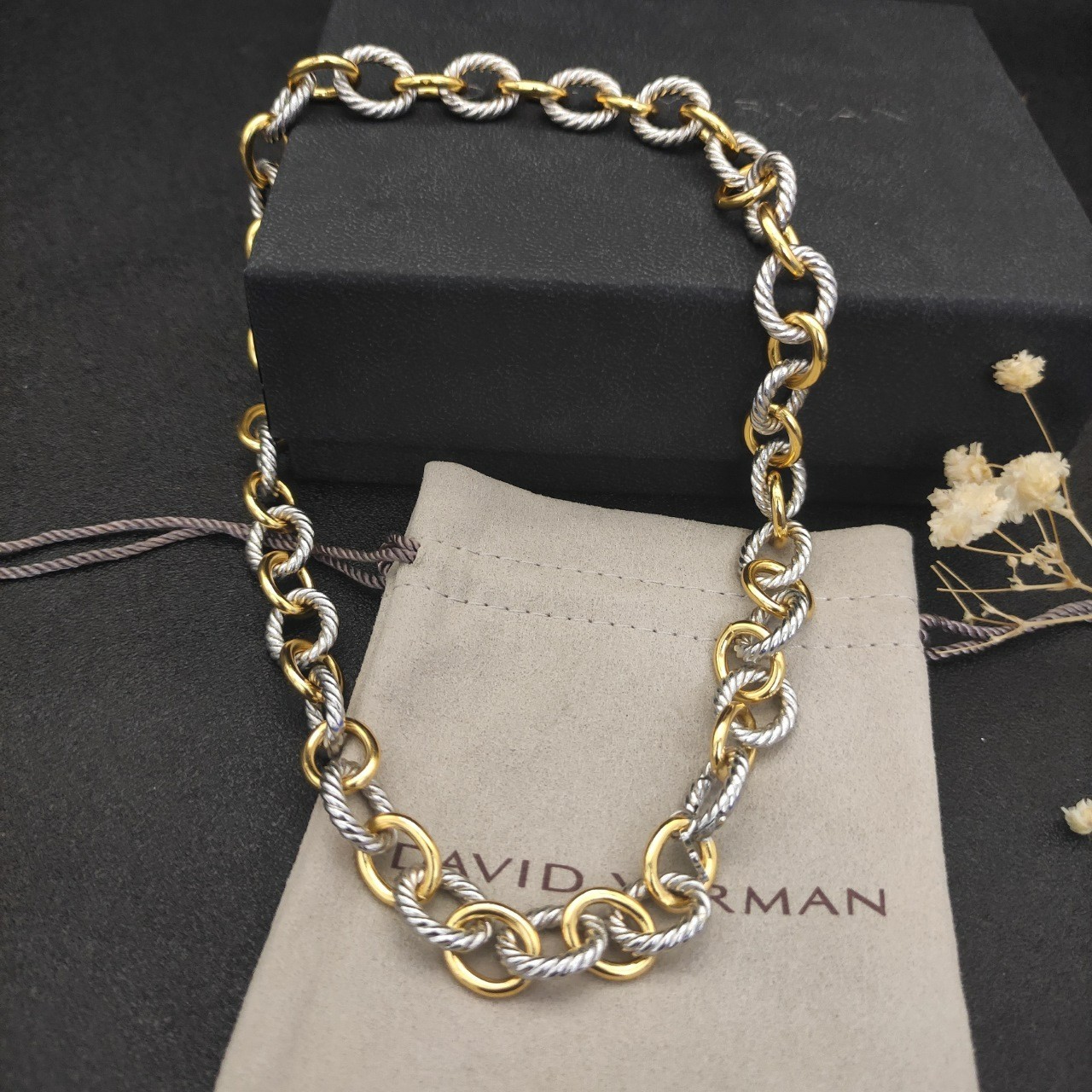 David Yurman Oval Link Chain Necklace Sterling Silver with 18K Yellow Gold 17.3″