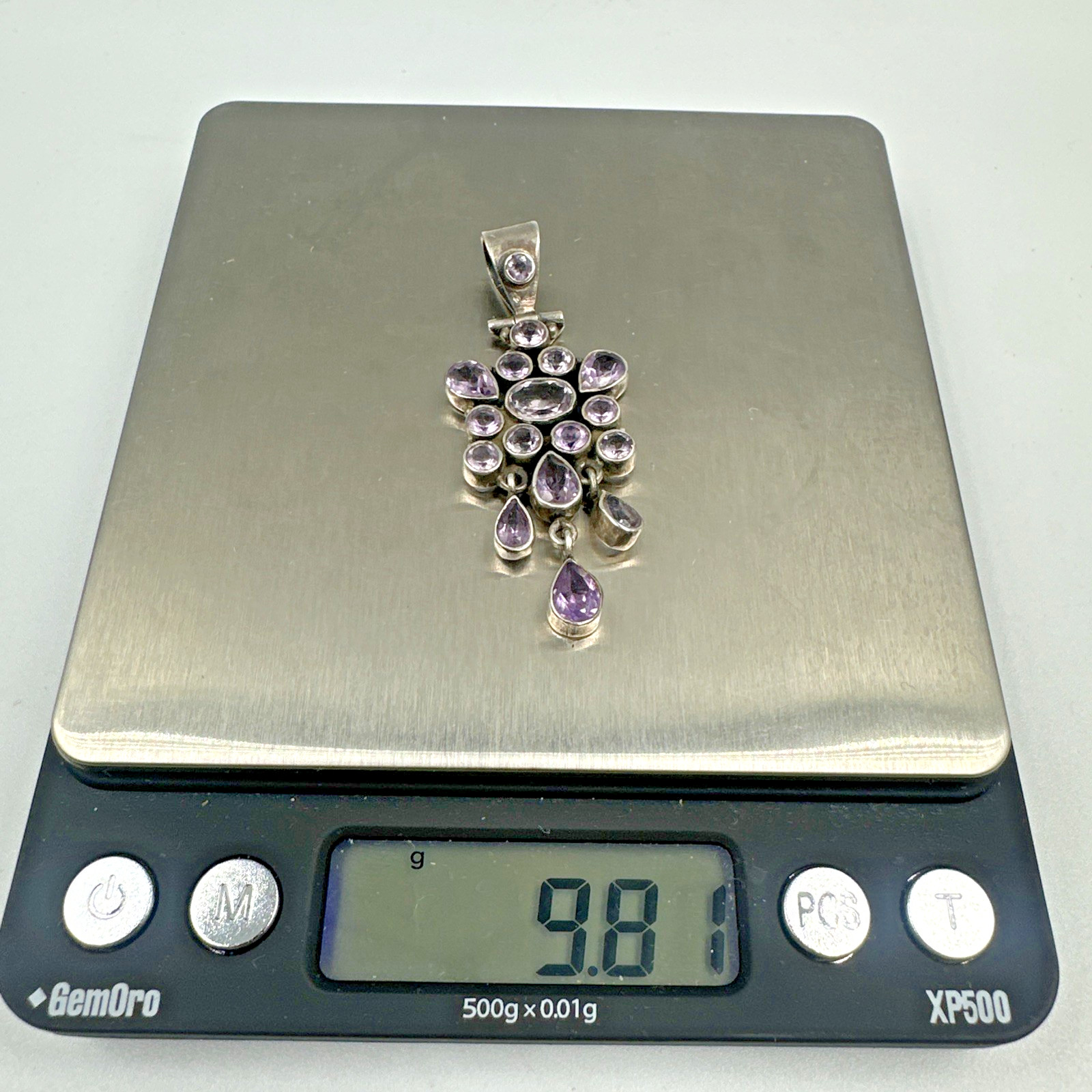 Vintage Amethyst Handmade Sterling Silver Cluster Pendant on 18″ 925 Necklace
