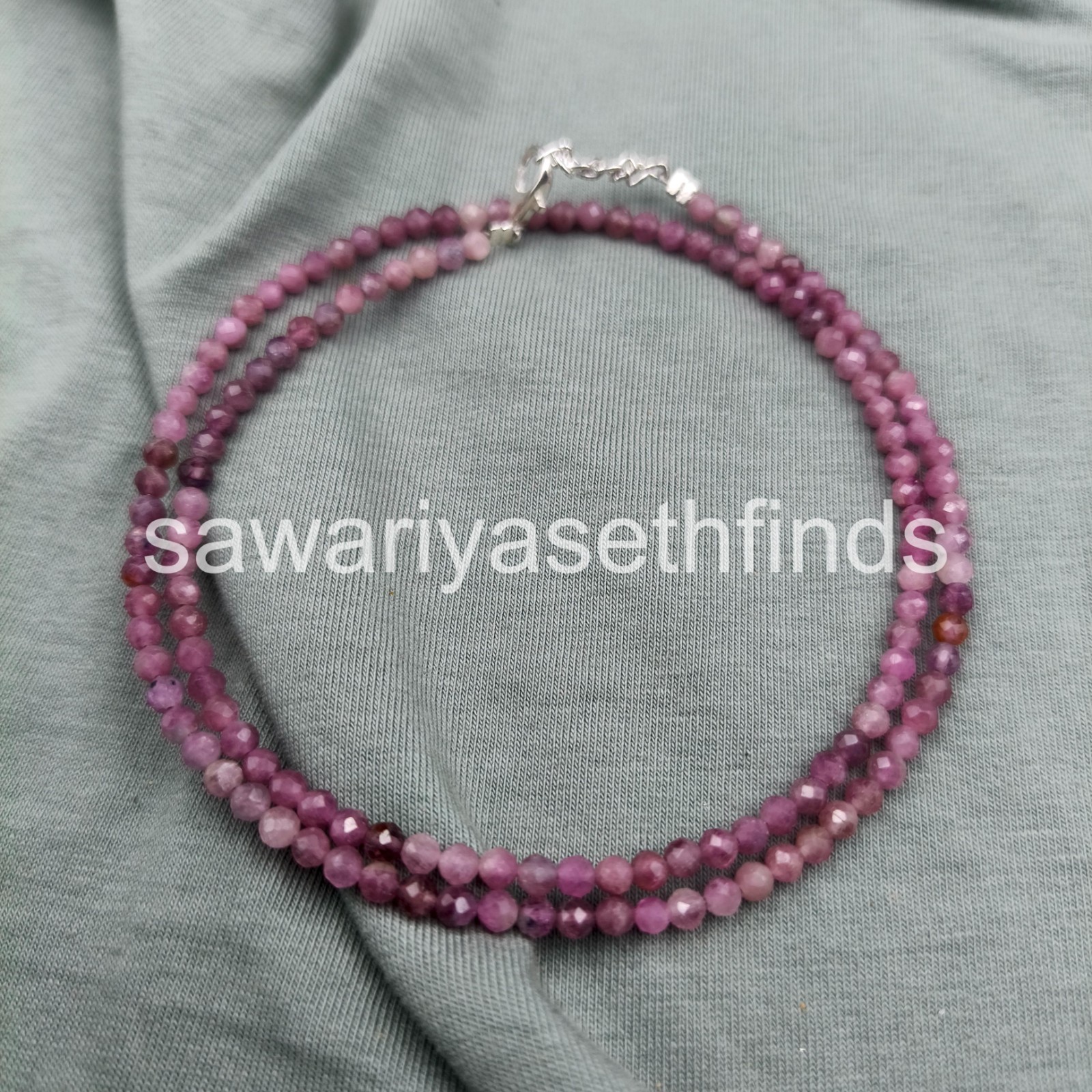Pink Tourmaline Faceted Beaded Necklace, 3mm Round Beads, Sterling Silver Clasp