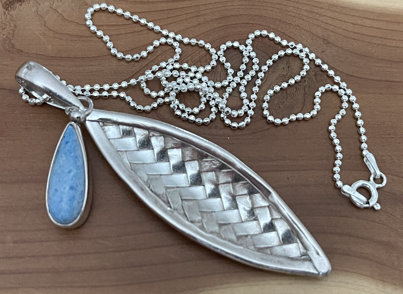 Vintage Sajen 925 Sterling Denim Lapis Woven Basket Design Pendant Necklace 20”