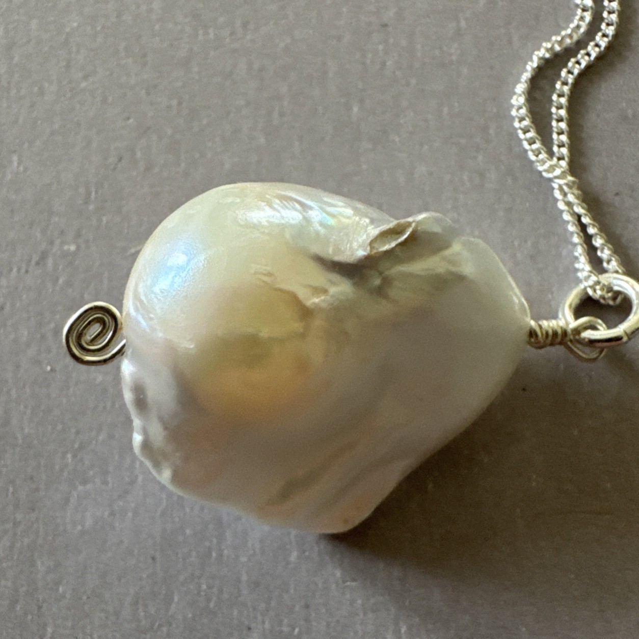 Sterling Silver 925 21mm Freshwater Pearl Pendant Italy 18” Curb Chain Necklace