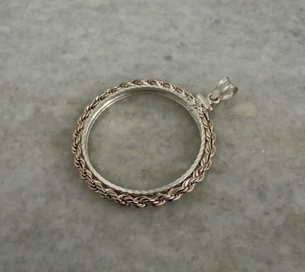 Large Sterling Silver 925 Coin Holder Bezel Pendant Rope Frame New