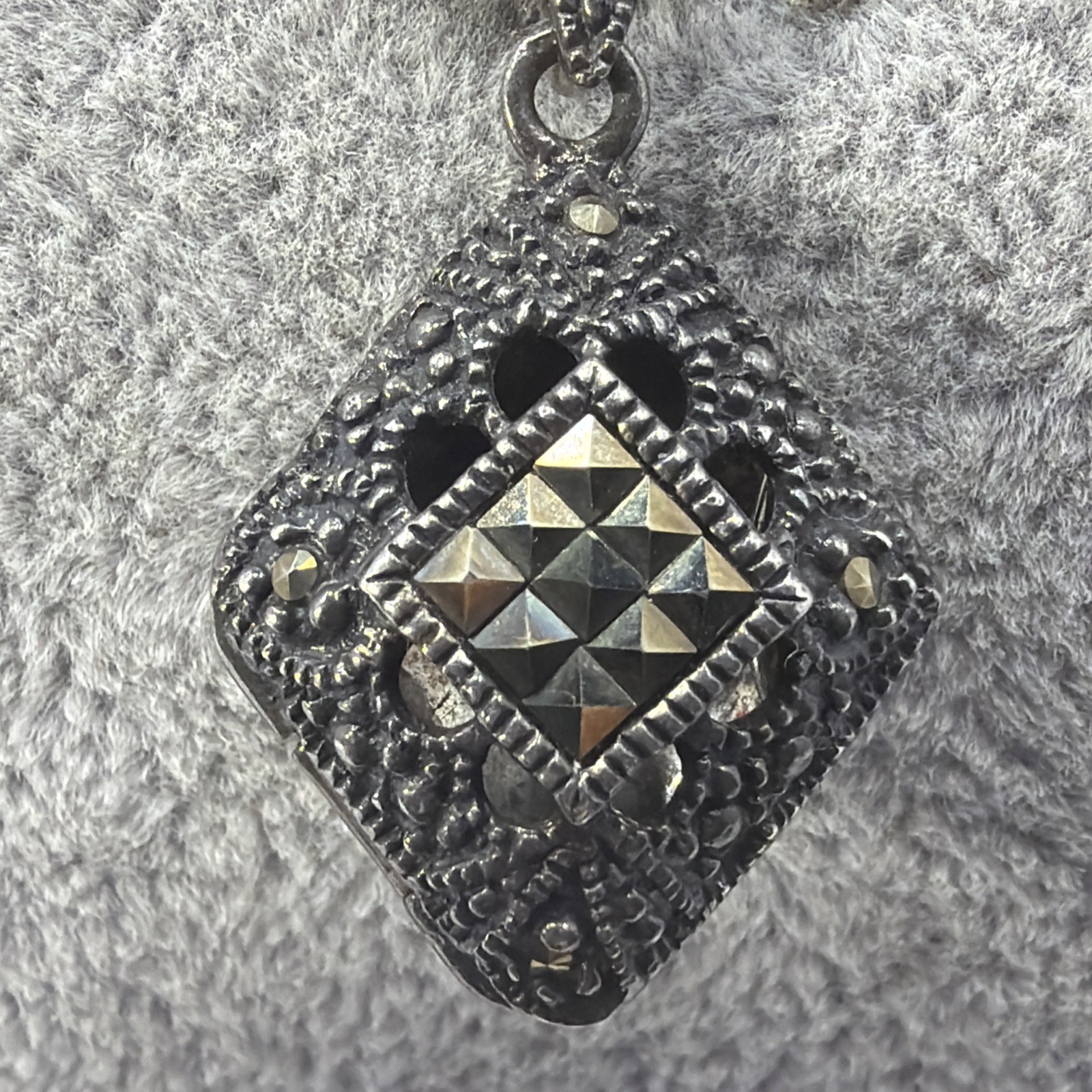 Vintage Look Sterling Silver 925 Marcasite Diamond Shaped Locket Pendant 1.25”