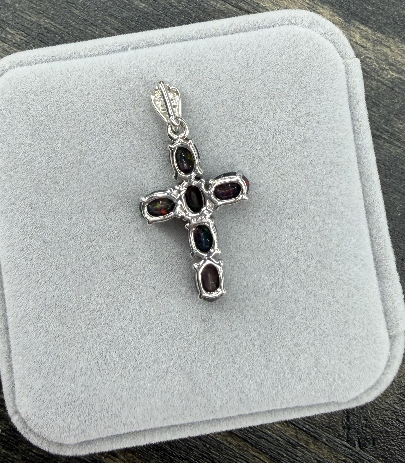 Stunning Natural Rainbow Black Opal Cross 3CT Pendant Necklace 925 Sterling