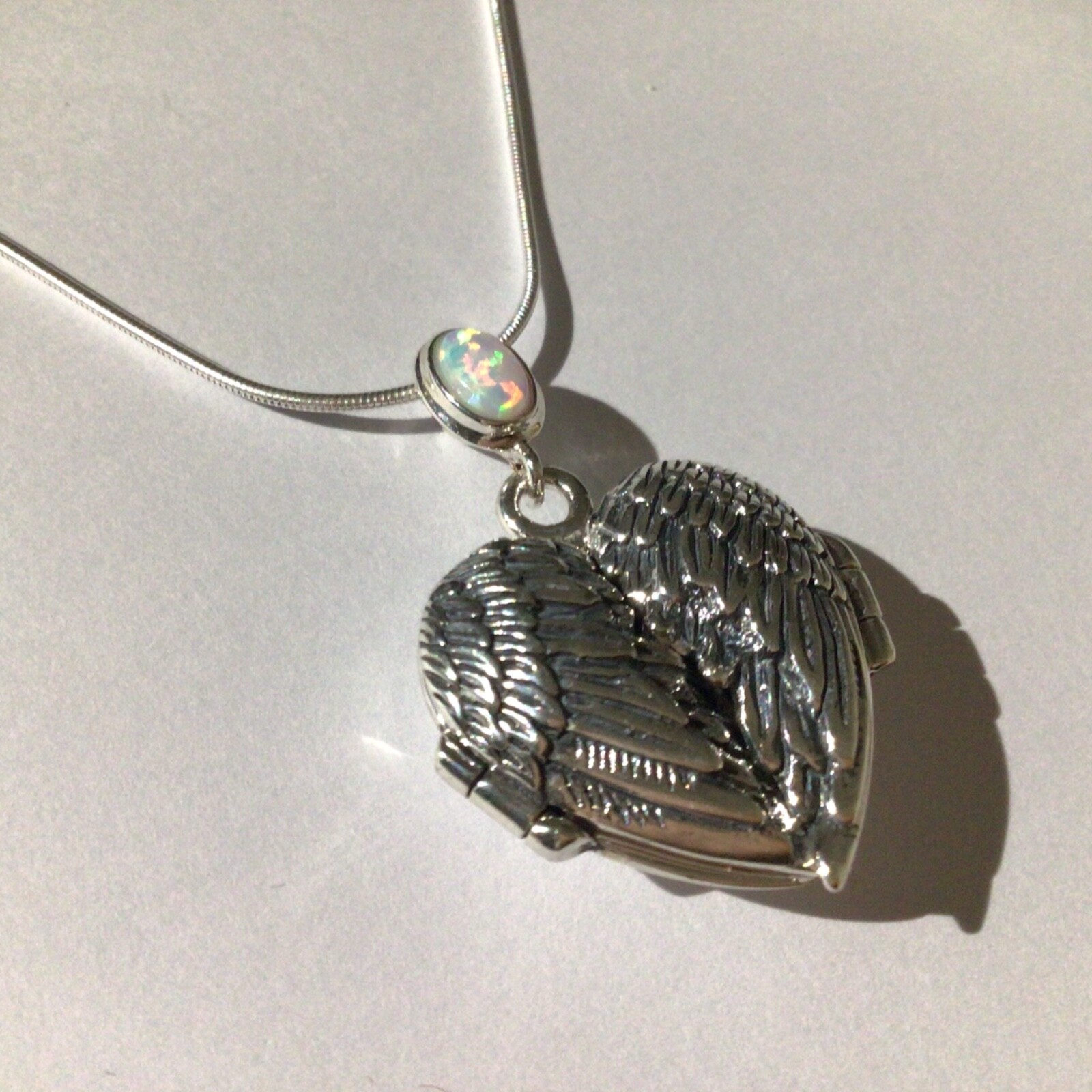 Sterling Silver Fire Opal guardian angel wings Love Heart photo Prayer locket