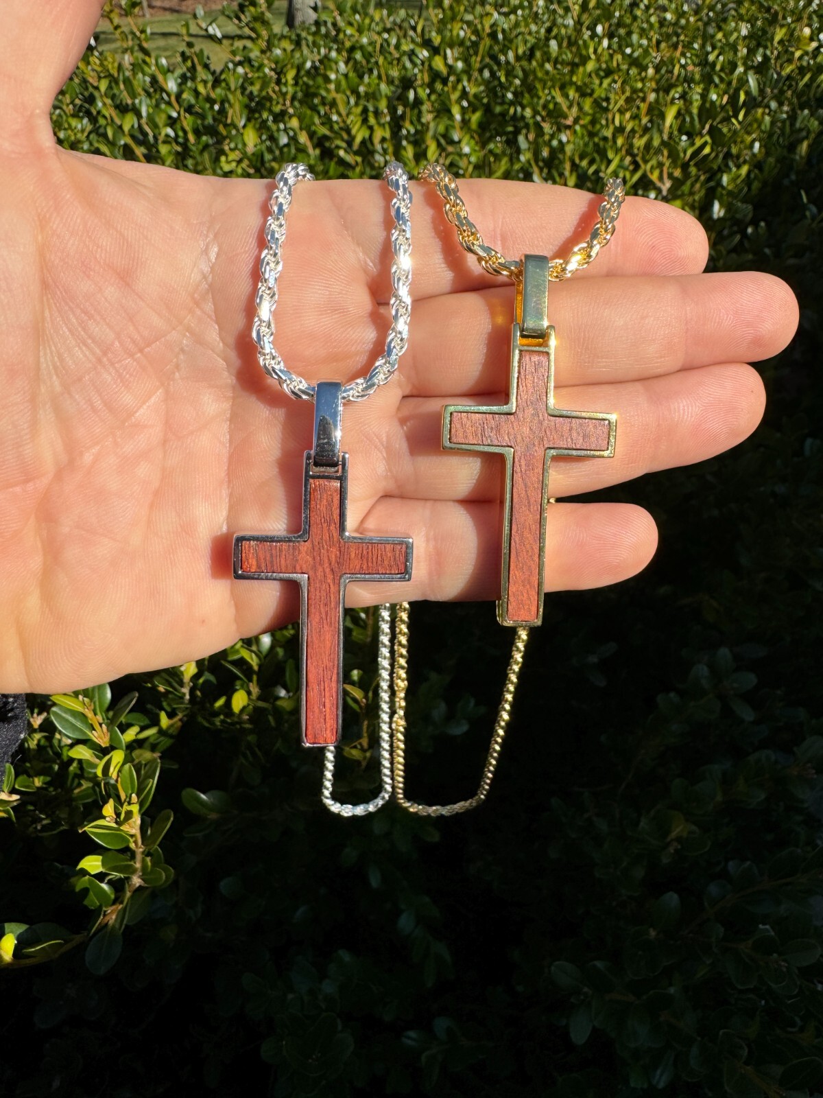Large Mens Real 925 Silver & Wood Inlay Plain Religious Cross Pendant Necklace