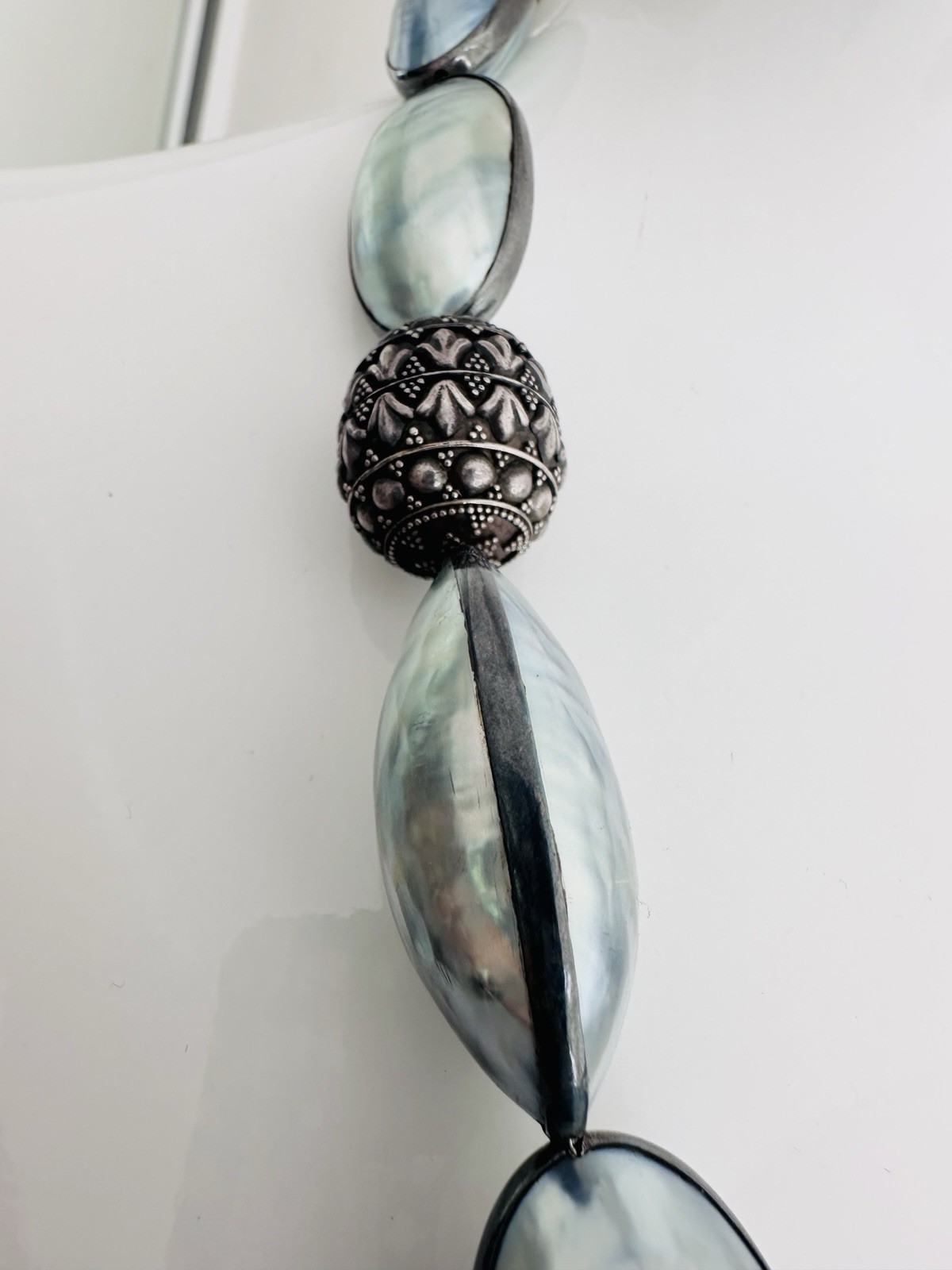 Rare Nautilus Osmena Pearl Antique 925 Silver Necklace 70cm Blue-Gray Iridescent