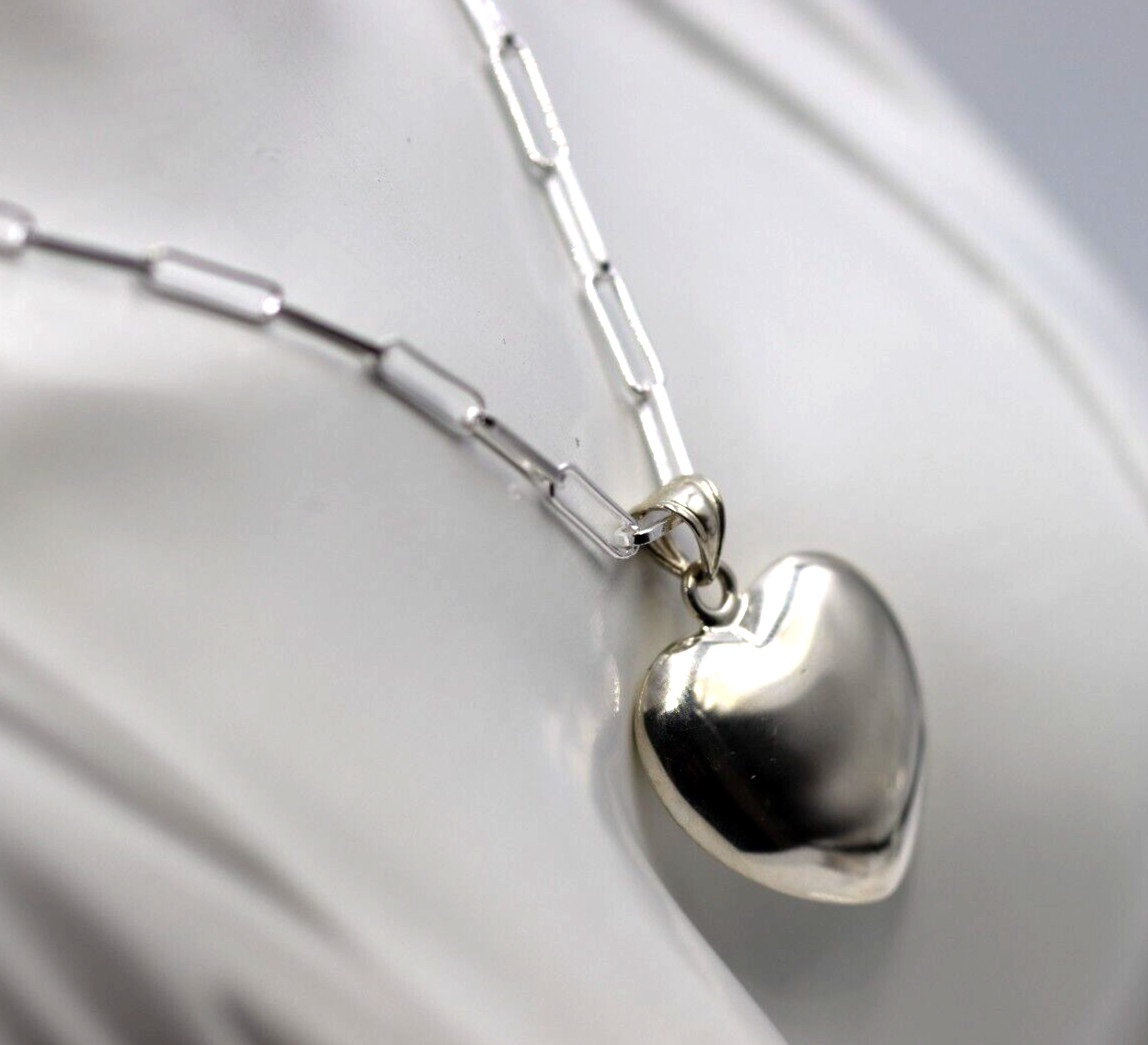 Sterling Silver 925 Paperclip 70cm Necklace + Puffy Heart Pendant -Free Post