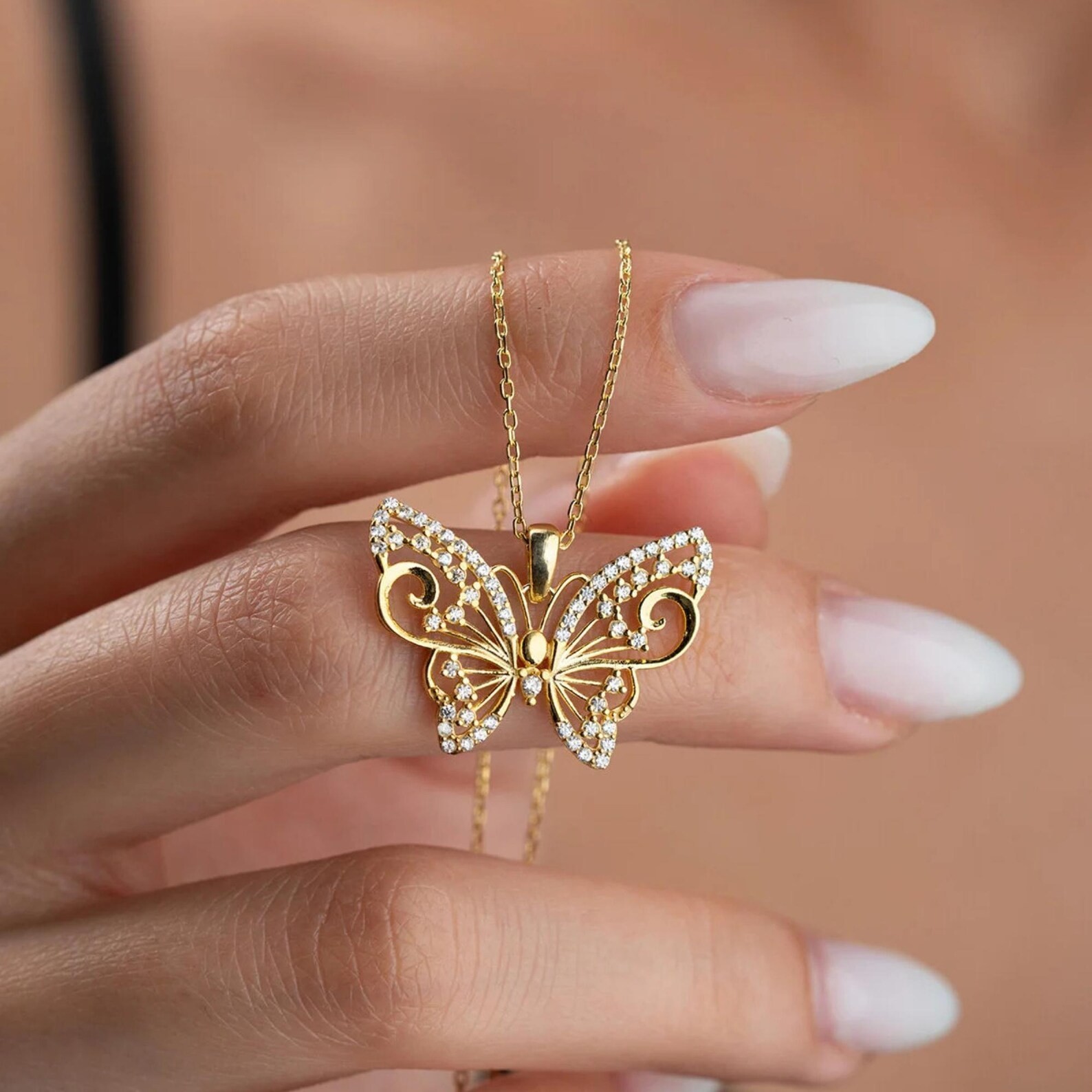 0.80 Ct Round Moissanite Butterfly Shape Womens Necklace 14K Yellow Gold Plated