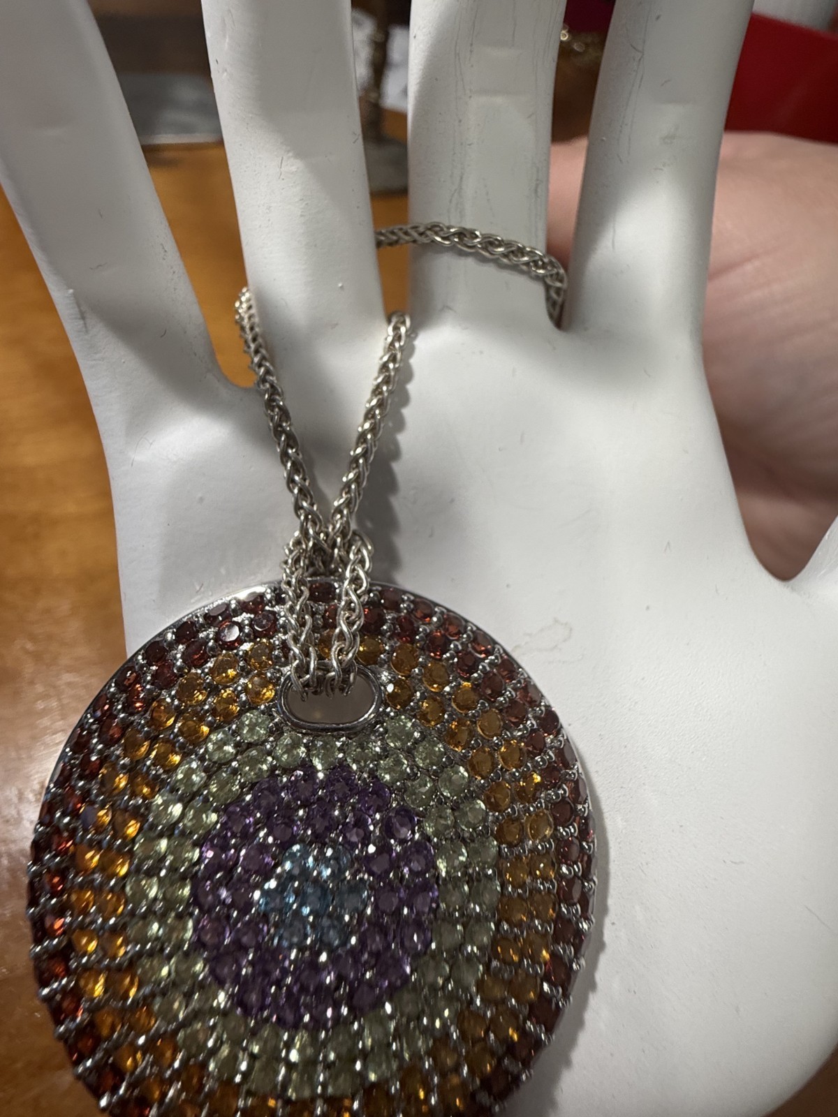 Sterling Silver Rainbow Gemstone Shield Necklace