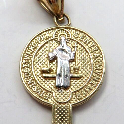 St BENEDICT 14K Yellow & White Gold Religious Key Pendant Charm