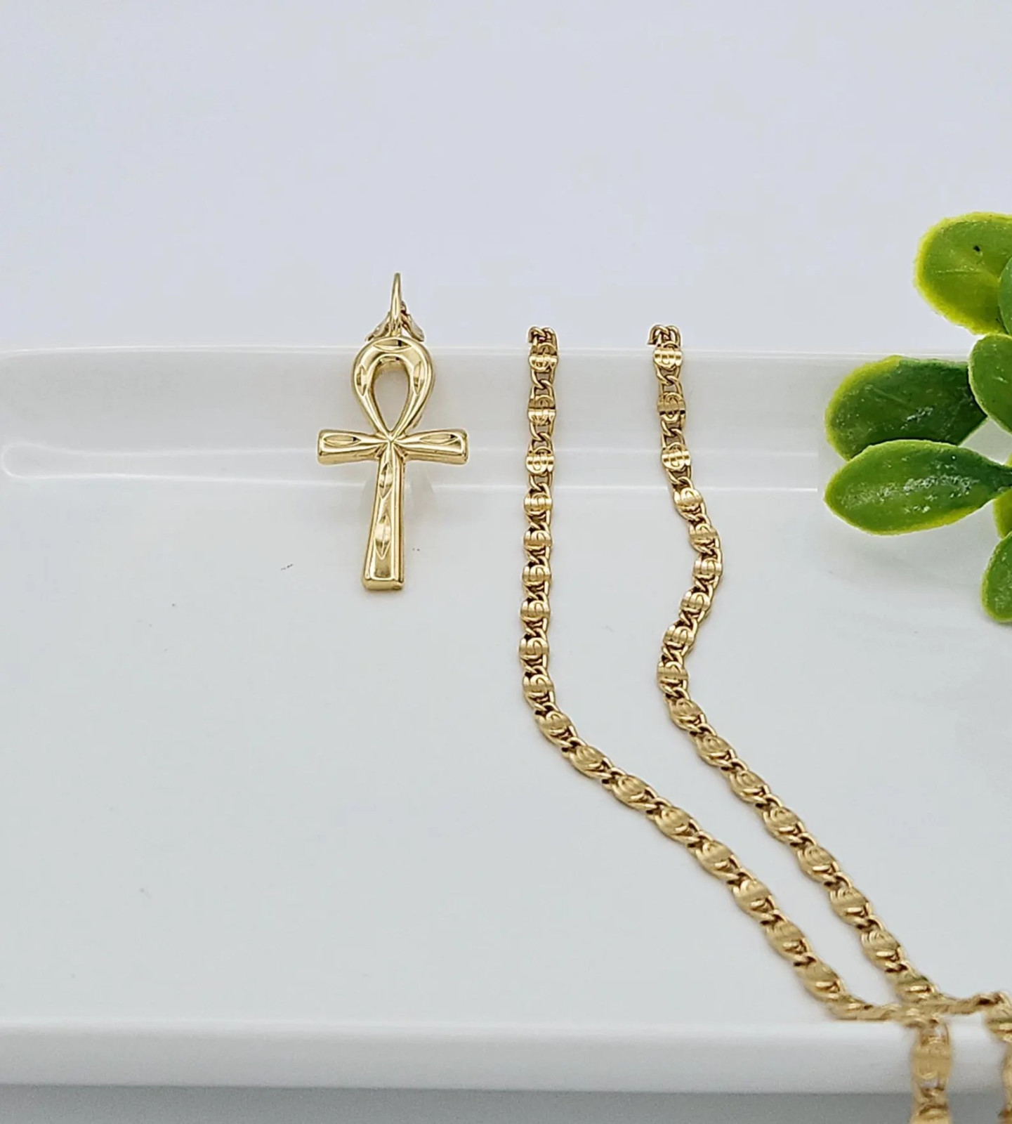 Gold Ankh Necklace, Diamond Cut Ankh Necklace, 14k Heavy Plated Gold, 3mm Chain