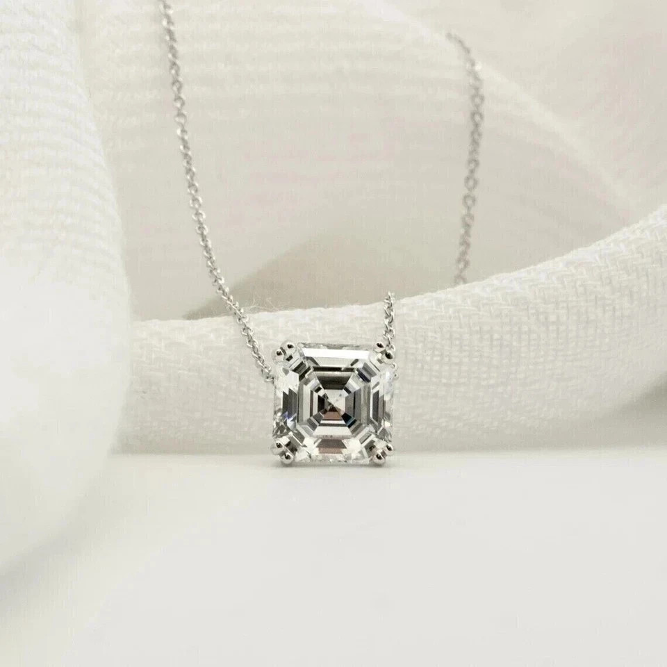 Lab Created Diamond 2Ct AsscherSolitaire Women Pendant 14K White Gold Plated 18″