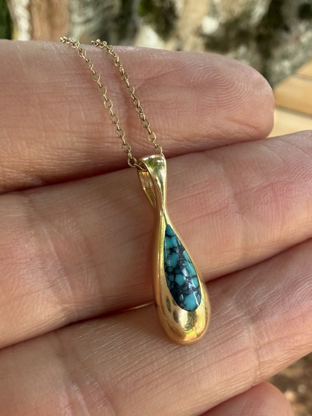 Estate Kabana 14k Yellow Gold Turquoise Teardrop Pendant & 14k Chain Necklace