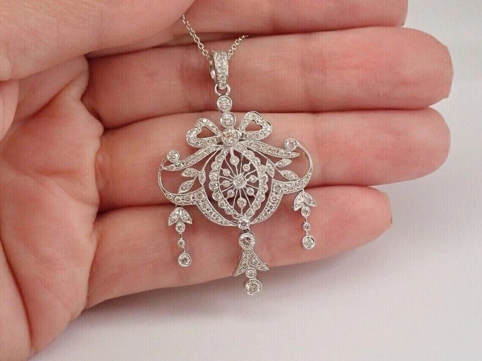 2 Ct Real Moissanite Drop Antique Pendant Chain 14K White Gold Plated Silver